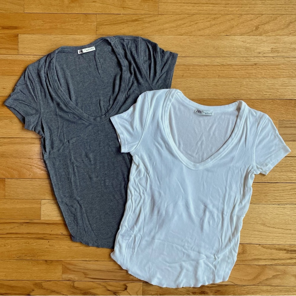 (2) Zara Like-new Gray and White V-Neck Tops Sz S